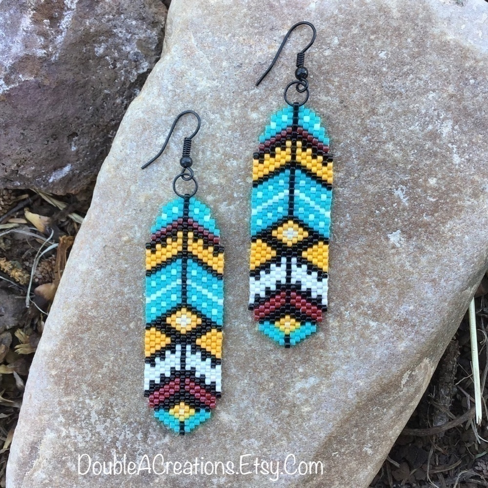 Southwest Turquoise Feathers Beaded Earrings, New, Handmade by Me - Picture 5 of 7